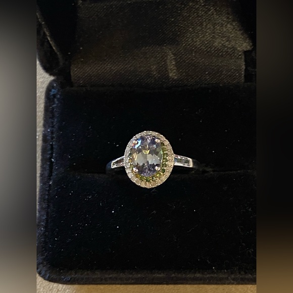 Peacock Tanzanite with Diamond Double Halo Platinum over Sterling Silver Size 8 - Picture 7 of 16